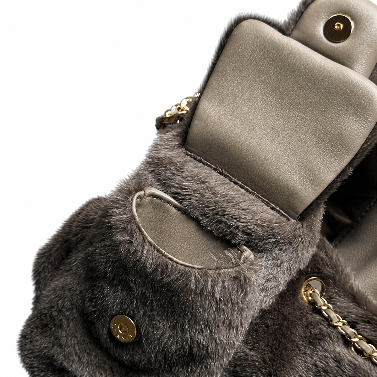 Chanel Taupe Faux Fur Drawstring Bucket Tote Bag Gold CC Chain