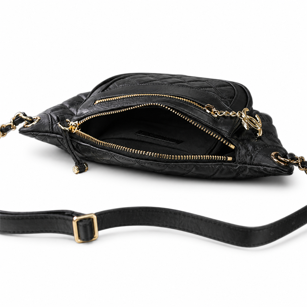 Chanel Vintage Quilted Black Leather Belt Bag Waist Bag CC Charm Double Zip Gold Chain Crossbody 34cm