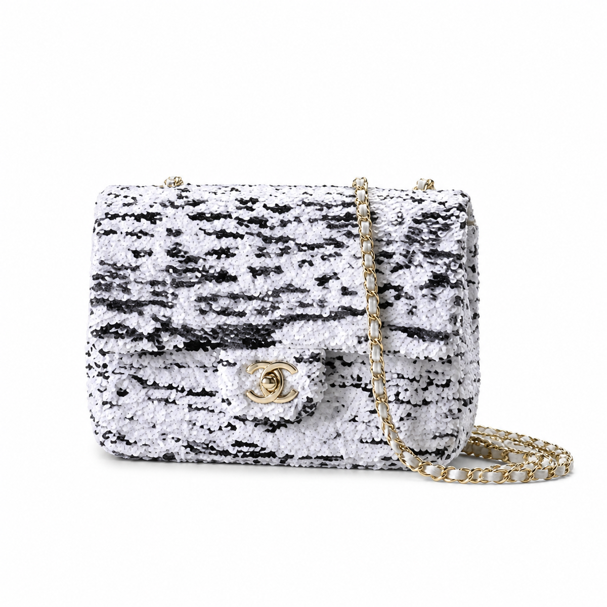 Chanel Black White Tweed Mini Flap Bag Gold Rope Chain CC Turn Lock