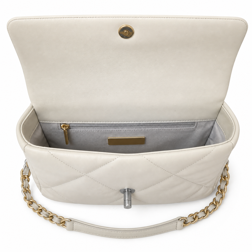 Chanel 19 Large Flap Bag Light Grey Quilted Lambskin Mixed Metal Chain Pearl CC Turn-Lock 26cm