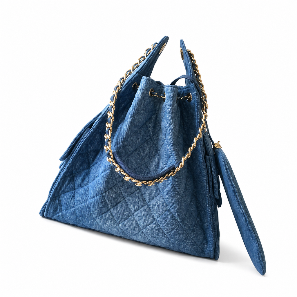 Chanel Blue Quilted Denim Large Flap Bag with Gold CC Logo