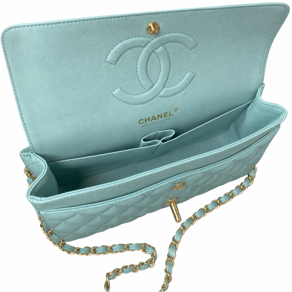 Chanel Classic Double Flap Bag Medium Mint Green Quilted Leather Gold CC Turn-Lock Chain 25.5cm