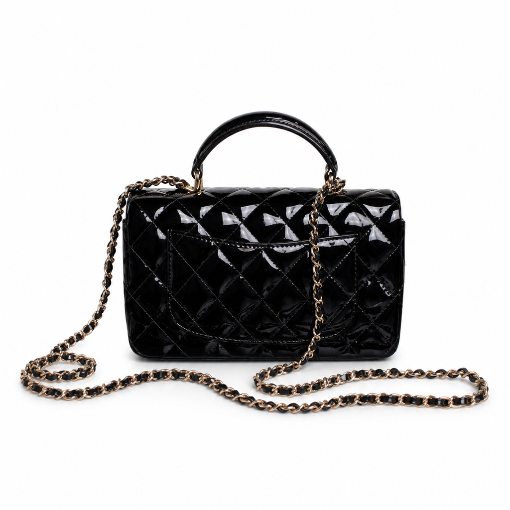 Chanel Black Patent Leather Quilted Mini Flap Bag | Top Handle & Gold CC | 20cm