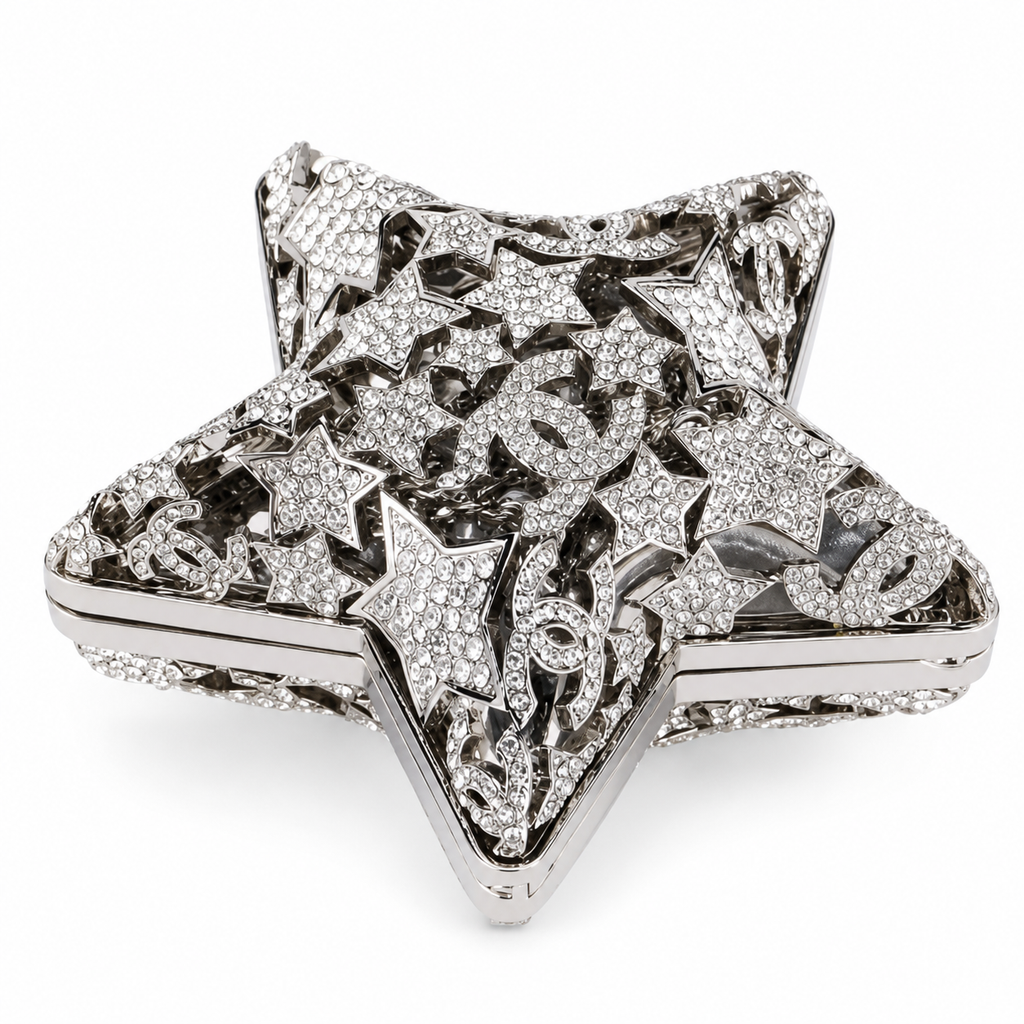 Chanel Silver Crystal Pavé Star Minaudière Evening Bag | CC Filigree | Gunmetal | 13cm