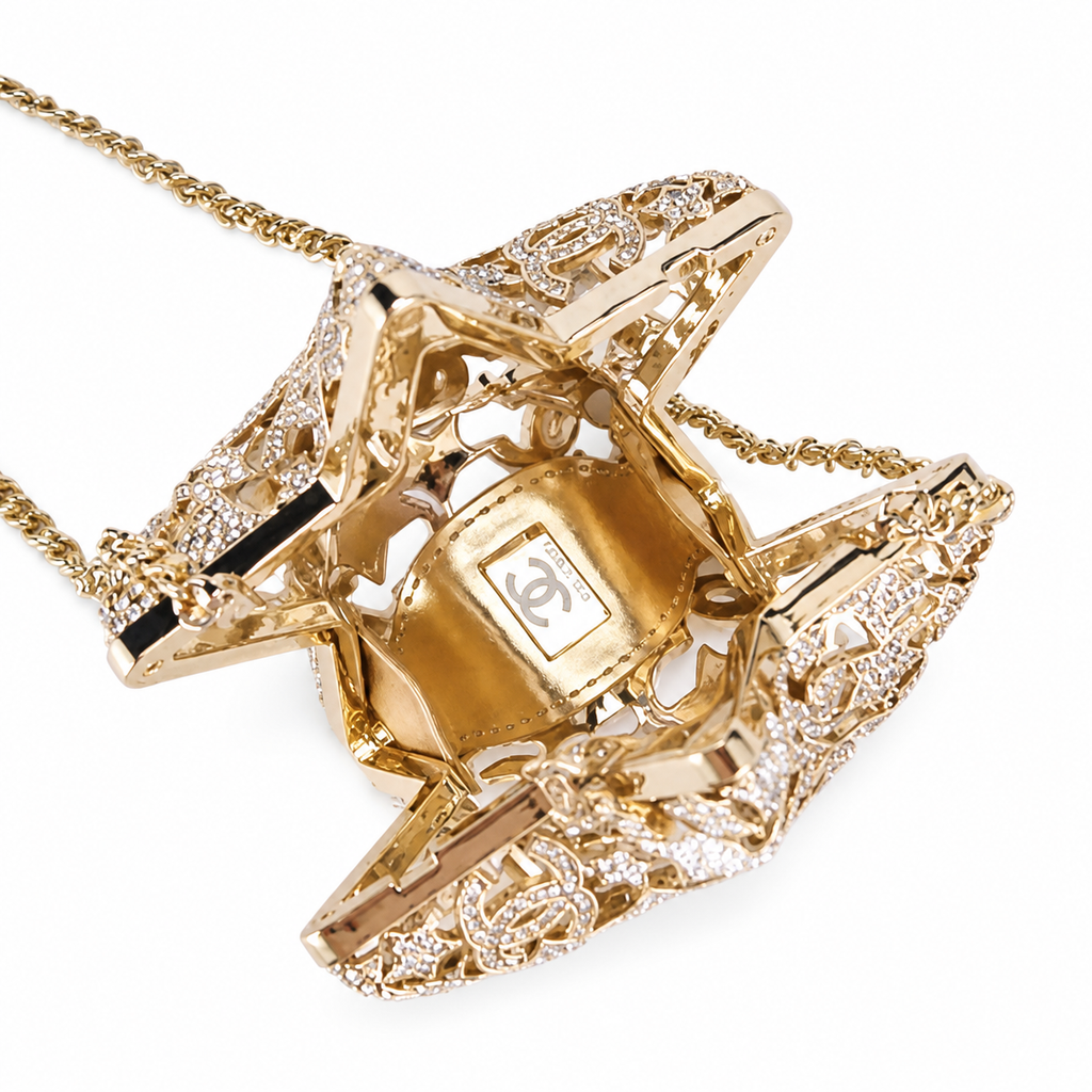 Chanel Gold Crystal Pavé Star Minaudière Evening Bag | CC Filigree | Gold Chain | 13cm