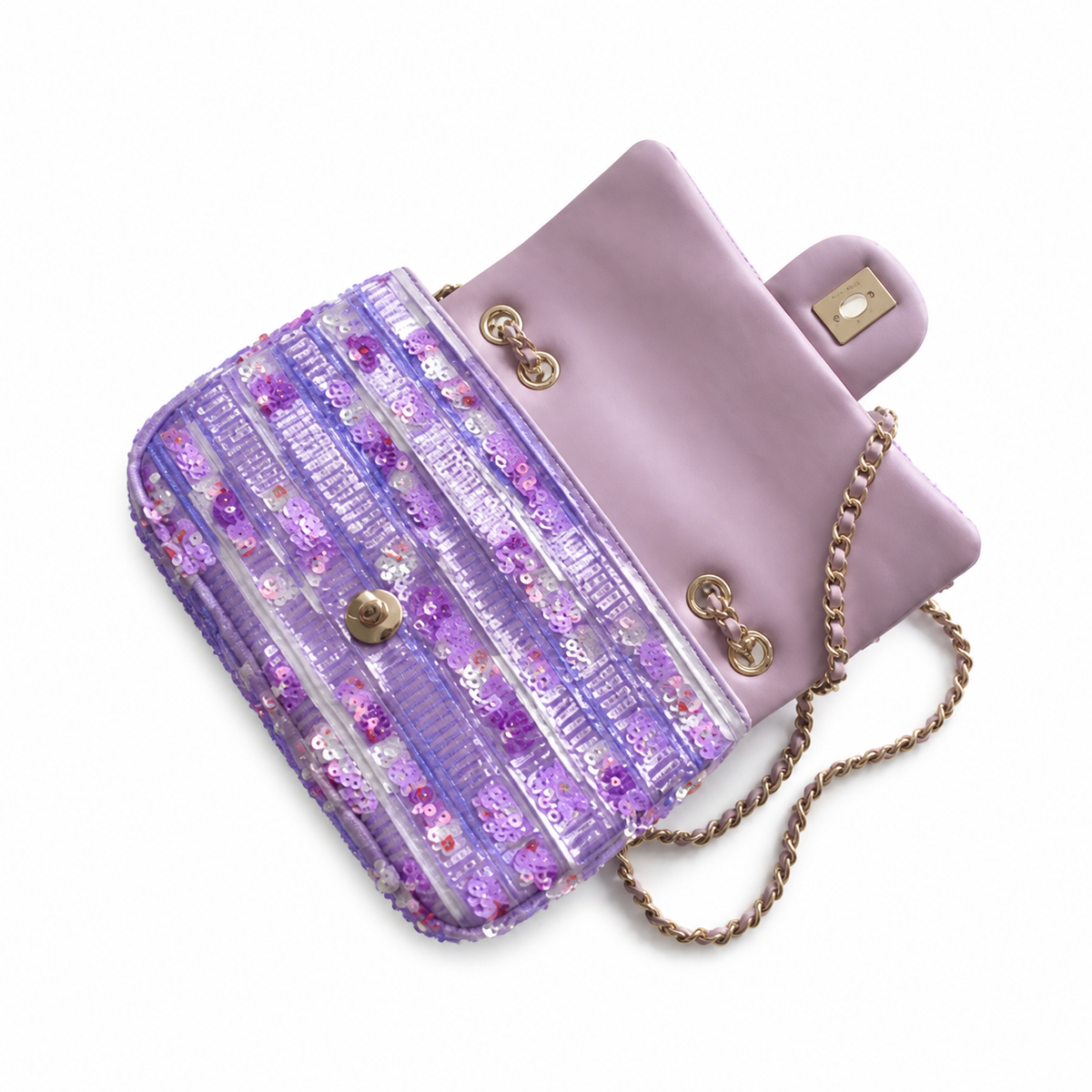 CHANEL Lavender Purple Sequin Embroidered Striped Classic Flap Bag Silver