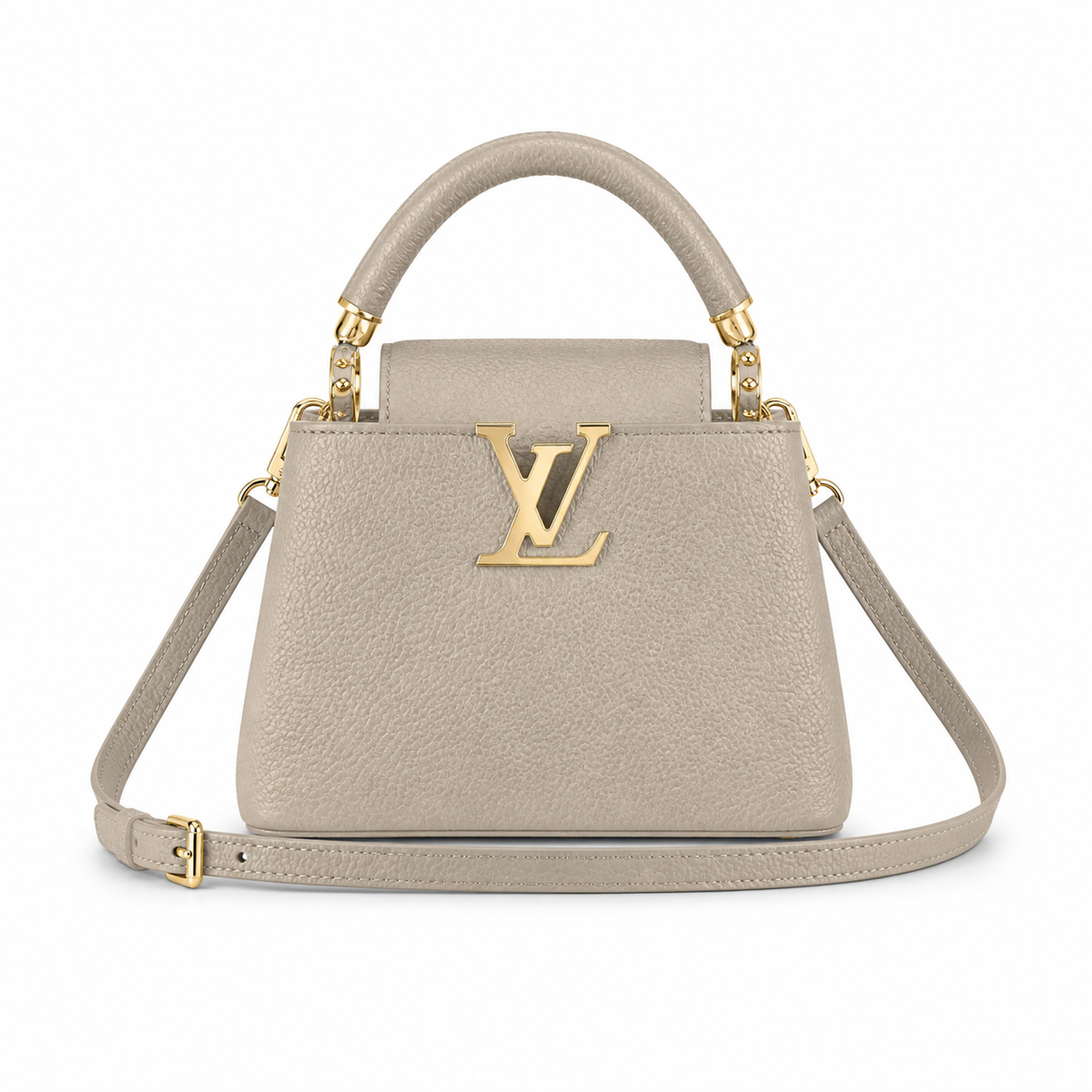 Louis Vuitton Capucines Mini — Taurillon Leather in Tourterelle with Gold Chain Handle & Flower Lock