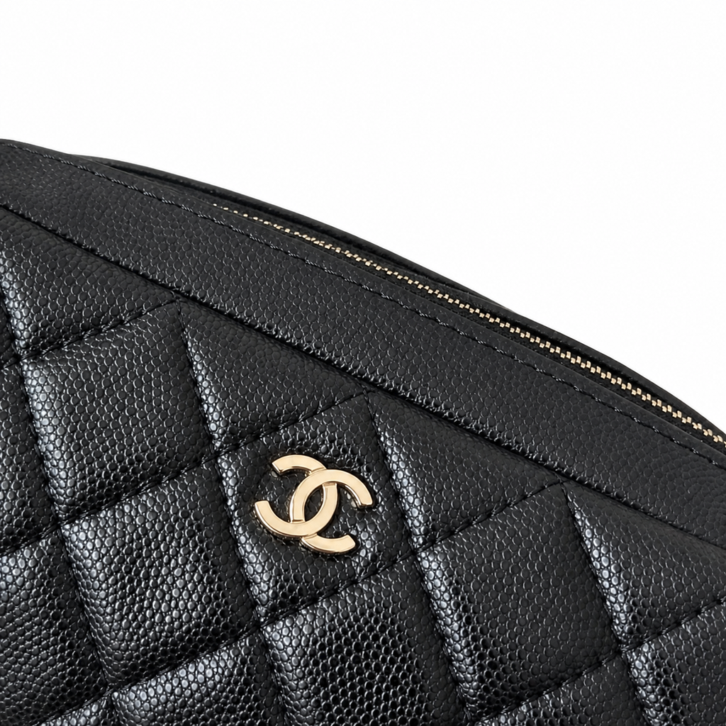 Chanel Black Lambskin Quilted Dome Demi-Lune Cosmetic Clutch Gold Zipper Silver Chain Wrist Strap Made in Italy 18cm