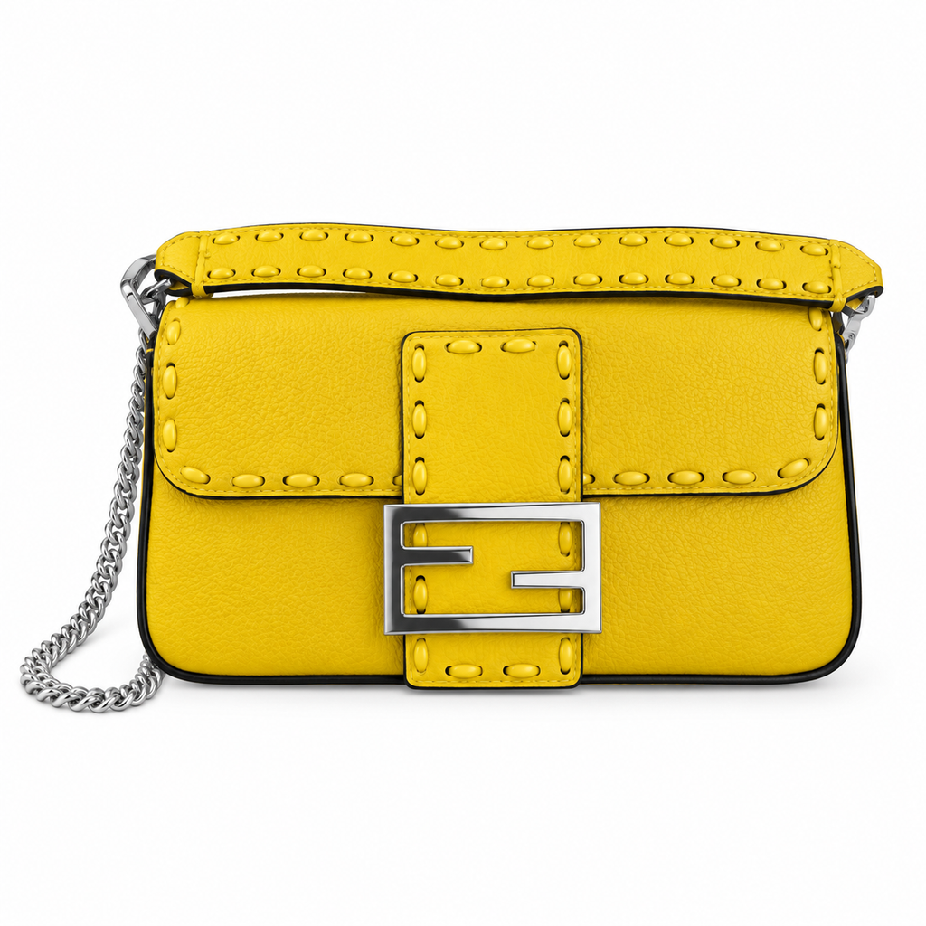 Fendi FF Baguette Shoulder Bag – Jacquard Canvas & Leather Trim, Flap Closure, 19.5cm