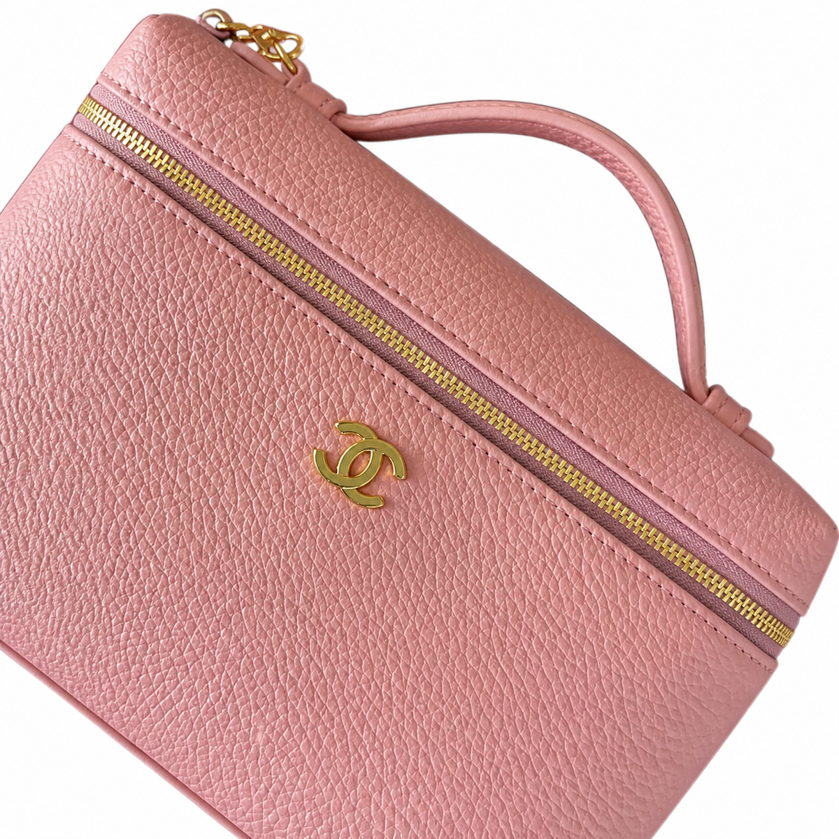 Chanel Pink Caviar Leather Vanity Case Crossbody Bag | Gold CC | Top Handle | 15×23×5cm