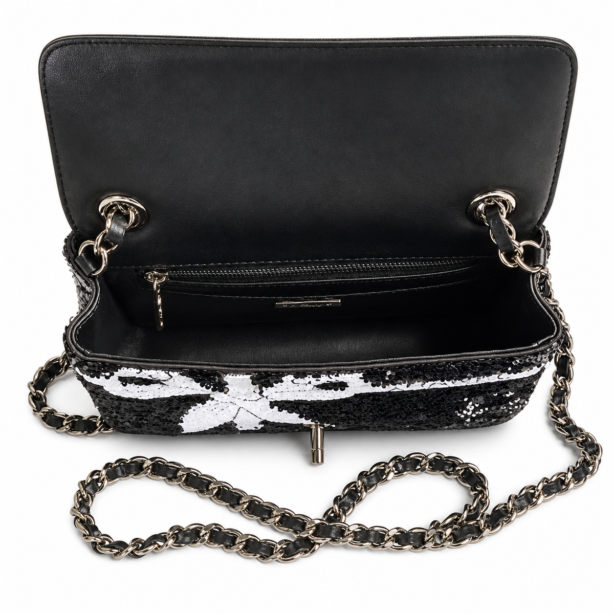 Chanel Black Sequin White Bow Embroidered Flap Bag Silver Chain