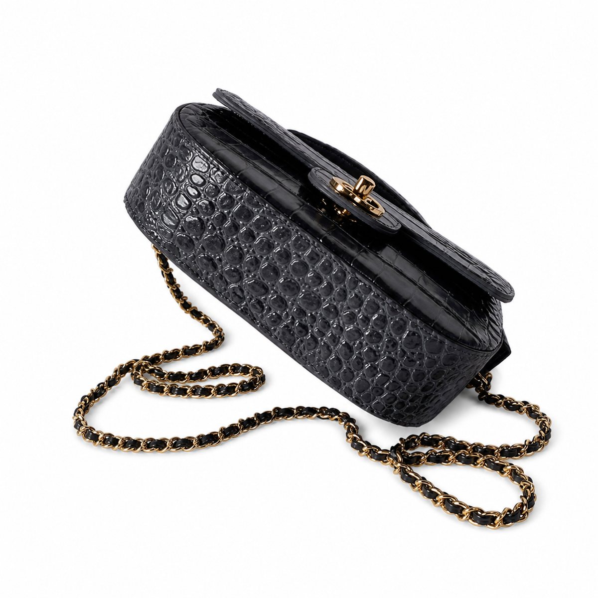 Chanel Flap Bag | Dark Grey Crocodile-Embossed Leather Top Handle & Gold Chain | 19.6cm