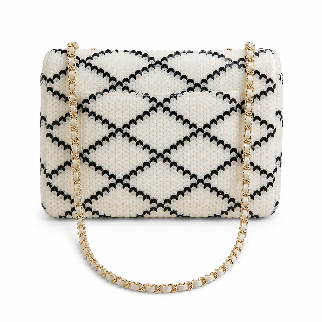 Chanel Black & White Sequin Quilted Classic Flap Shoulder Bag | Gold CC | 14×21×8cm