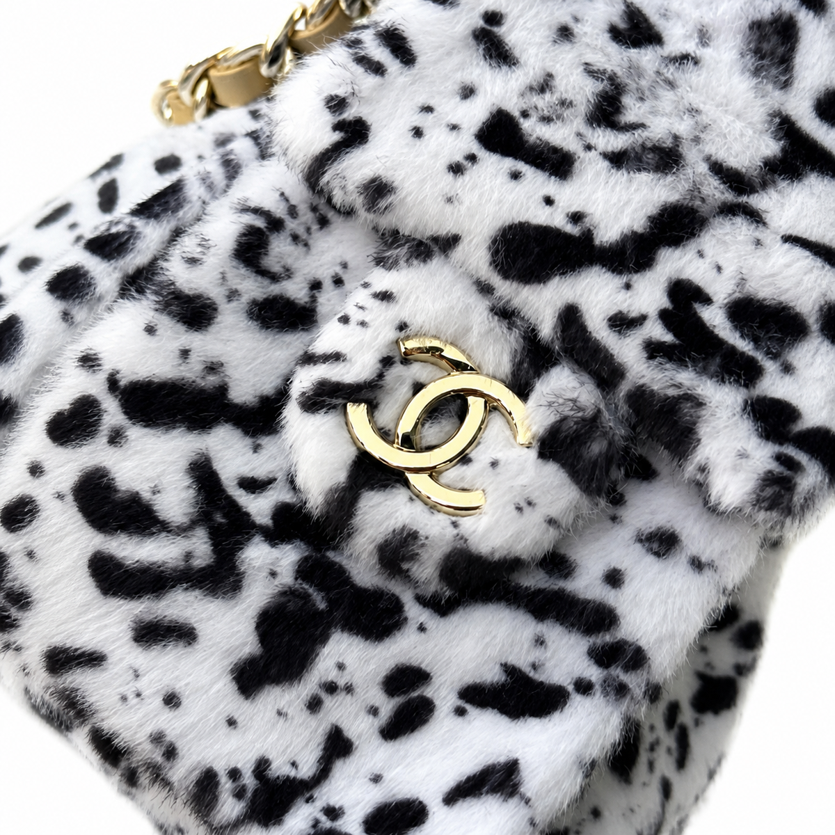 Chanel Black White Dalmatian Faux Fur Quilted Flap Bag Gold Chain