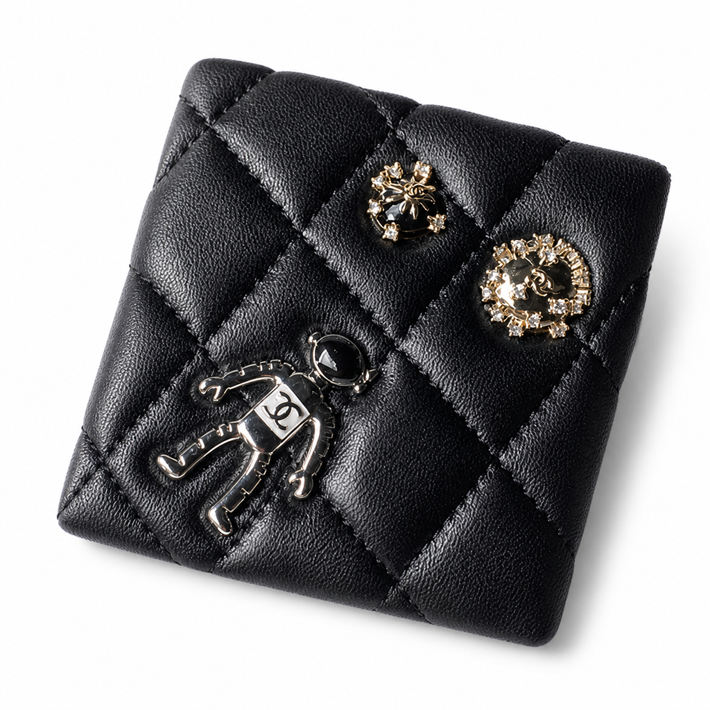 Chanel Black Lambskin Classic Double Flap 25 Lucky Charms Limited Edition Gold Hardware Eiffel Tower Airplane Dog Camellia CC