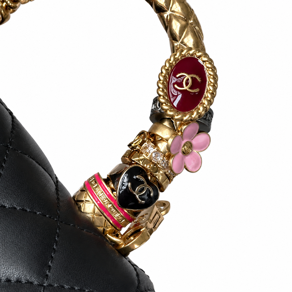 CHANEL Black Quilted Lambskin Jewel Ring Top Handle Flap Chain Bag