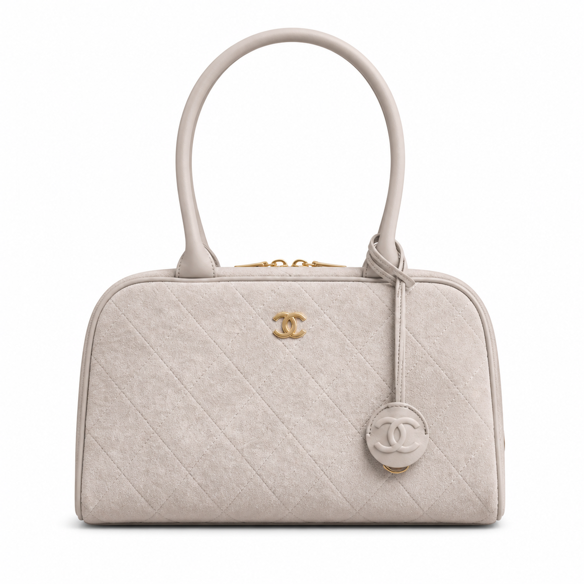 Chanel CC Logo Quilted Suede Hobo Shoulder Bag Beige Oatmeal Gold CC Badge Zip 29cm