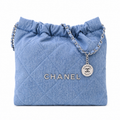 Chanel Quilted Denim Hobo Bag Blue Silver CHANEL Logo Large 35cm