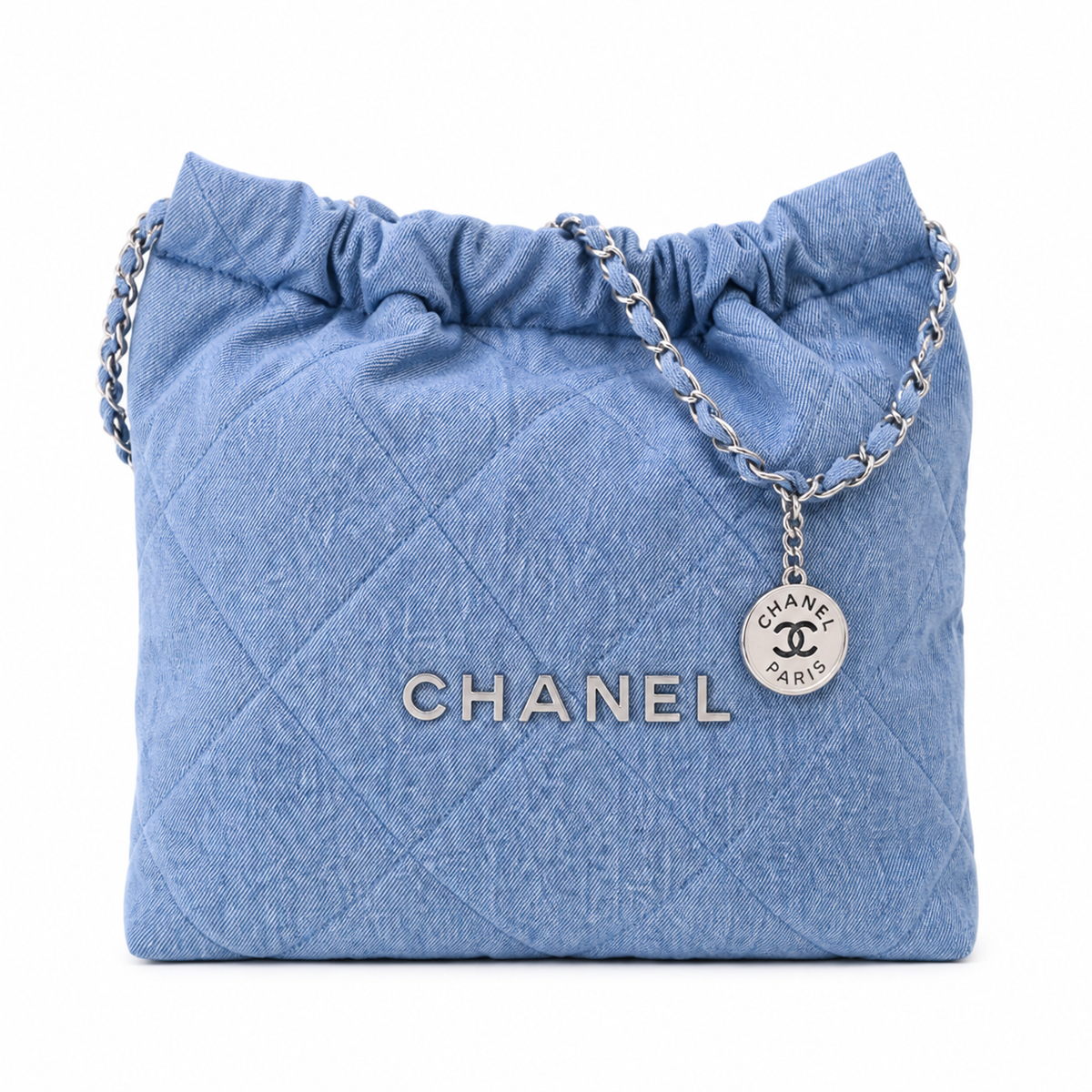 Chanel Quilted Denim Hobo Bag Blue Silver CHANEL Logo Large 35cm