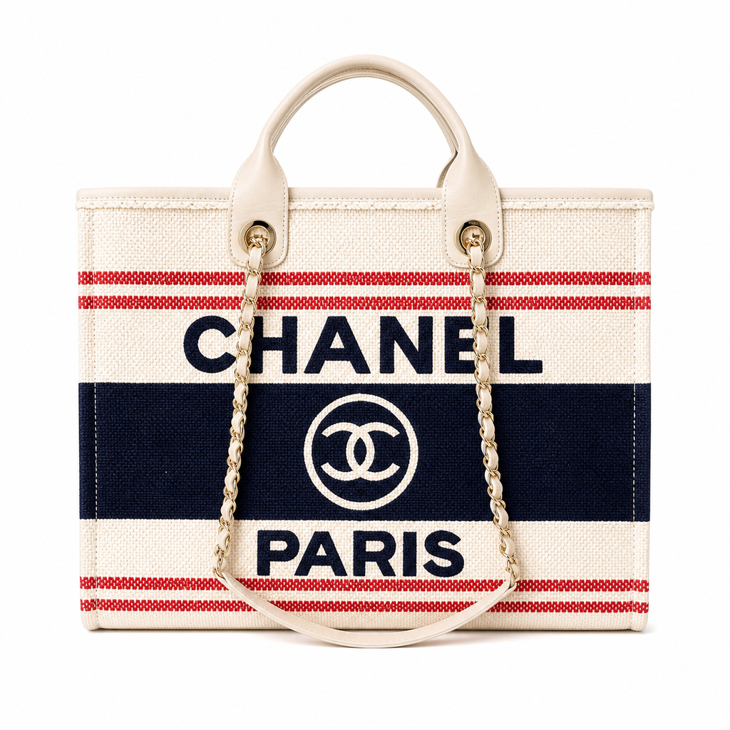 CHANEL Deauville Canvas Shopping Tote – Navy Blue Red Stripe Ivory CHANEL PARIS Gold Hardware 38cm