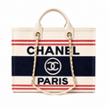 CHANEL Deauville Canvas Shopping Tote – Navy Blue Red Stripe Ivory CHANEL PARIS Gold Hardware 38cm