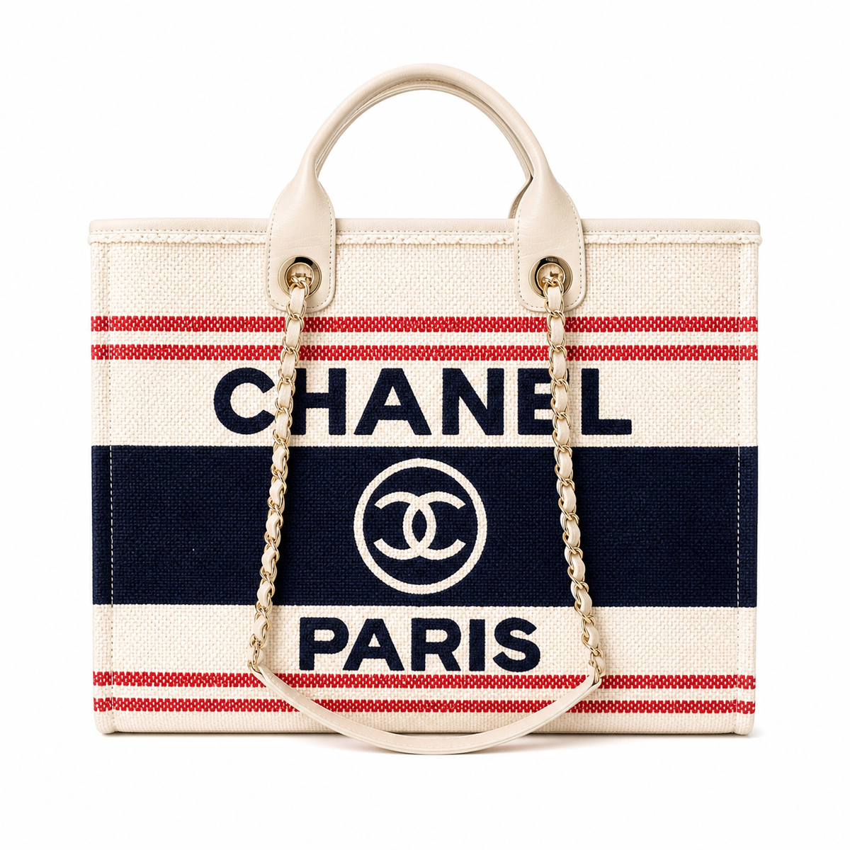CHANEL Deauville Canvas Shopping Tote – Navy Blue Red Stripe Ivory CHANEL PARIS Gold Hardware 38cm