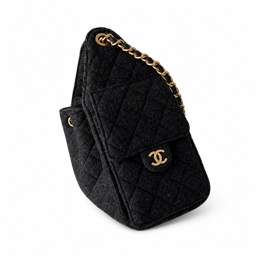 Chanel Black Tweed Drawstring Bucket Bag Aged Gold CC Chain Large 30cm