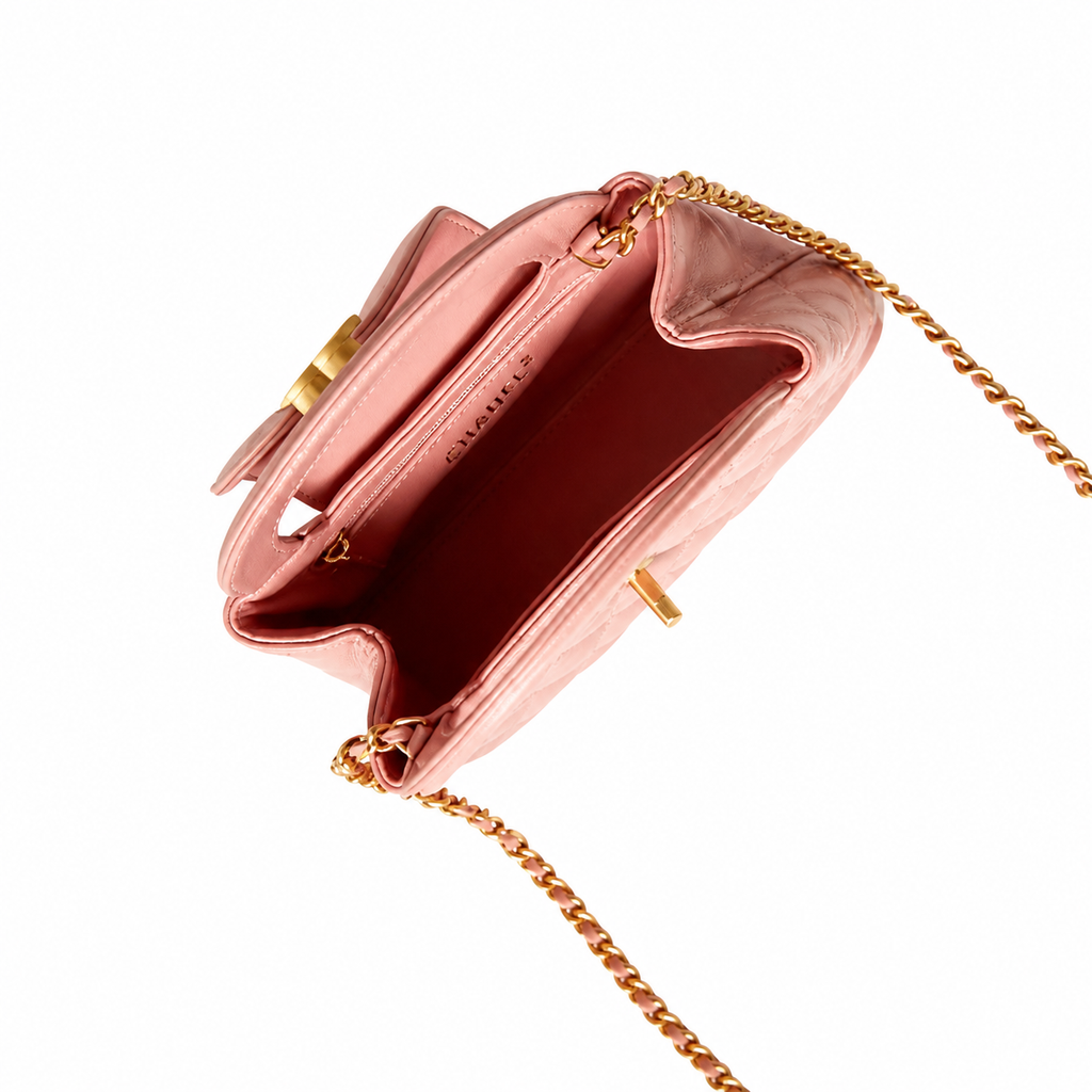 Chanel Blush Pink Quilted Lambskin Mini Coco Handle Bag Aged Gold Chain Made in Italy