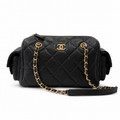 Chanel Black Caviar Leather Quilted Camera Bag | Oversized Antique Gold CC, Side Pockets & Double Chain with Leather Strap