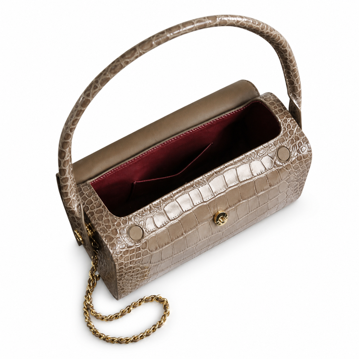 Chanel Taupe Croc-Embossed Leather Barrel Flap Crossbody Bag | Gold Chain | 11×23×12.5cm