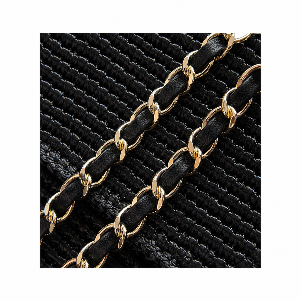 Chanel Black Raffia Woven Classic Flap Shoulder Bag | Gold CC Turn-Lock | Chain Strap | 16×25.5×7cm