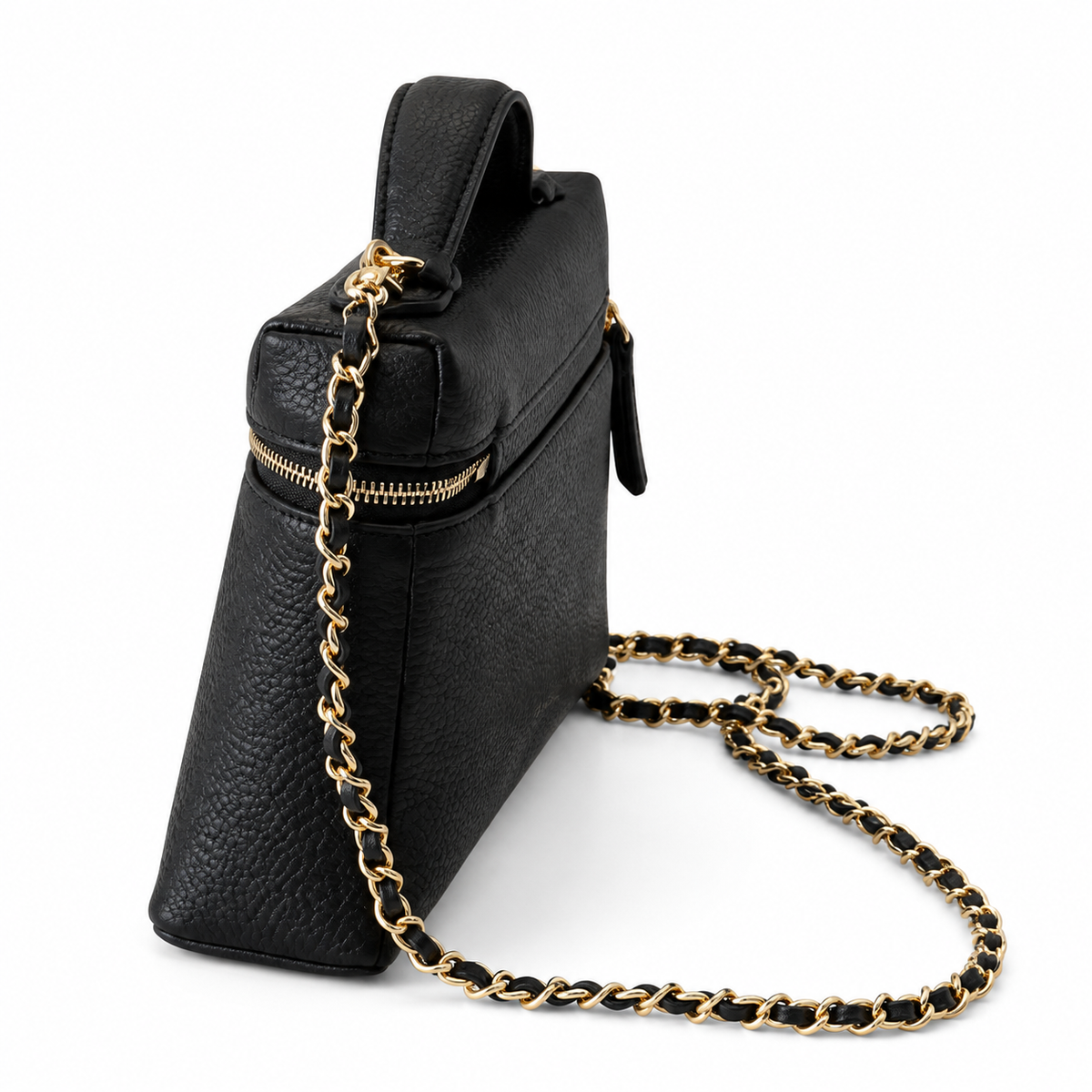 Chanel Black Pebbled Leather Mini Top Handle Zip Bag Gold Chain Crossbody