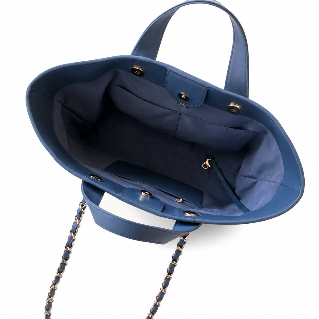 Chanel Navy & Ivory Stripe Woven Large Shopping Tote | Gold CC | Navy Leather & Chain | 25×46×13cm
