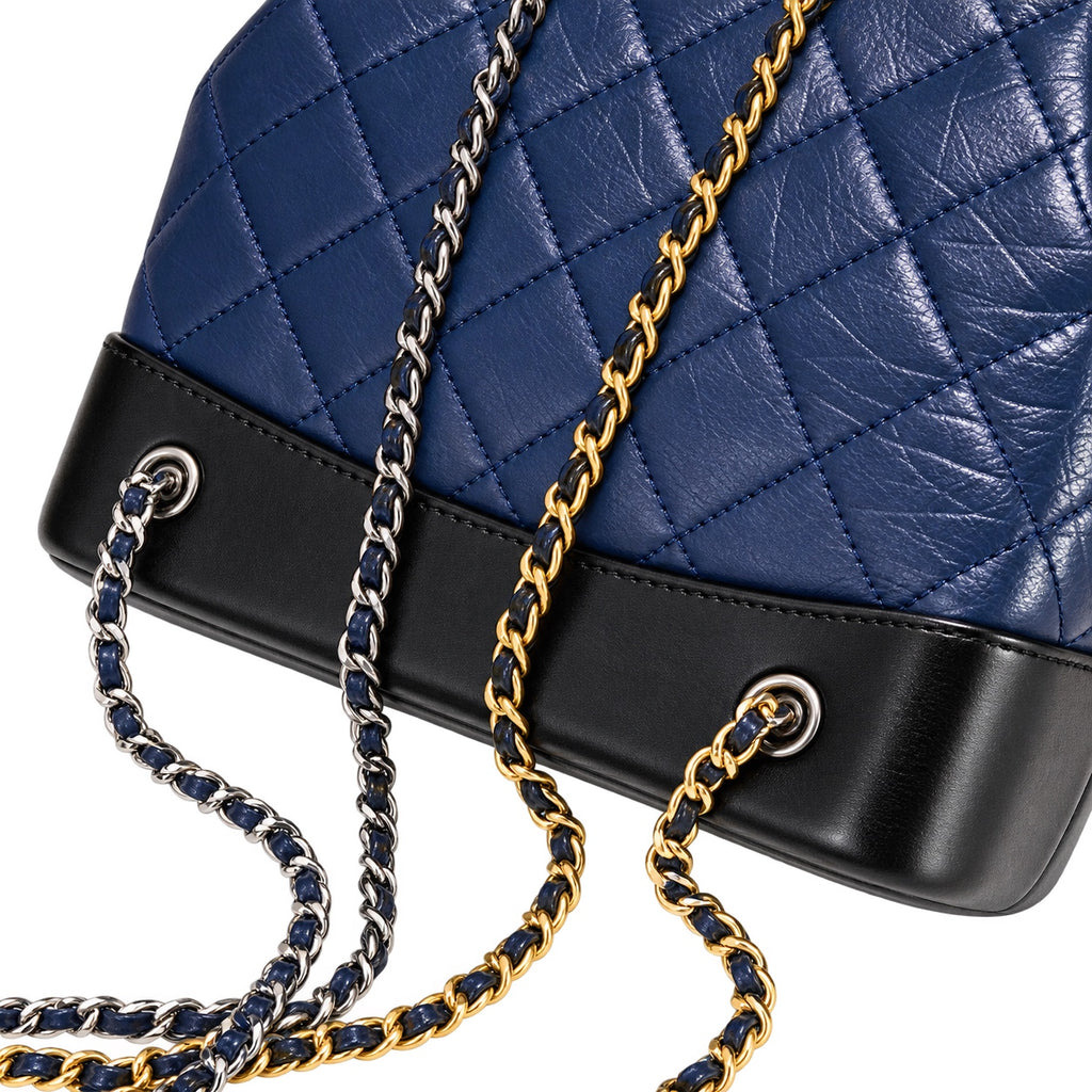 Chanel Gabrielle Backpack Navy Blue Aged Calfskin Black Patent Base Mixed Metal Hardware Drawstring Chain 24cm
