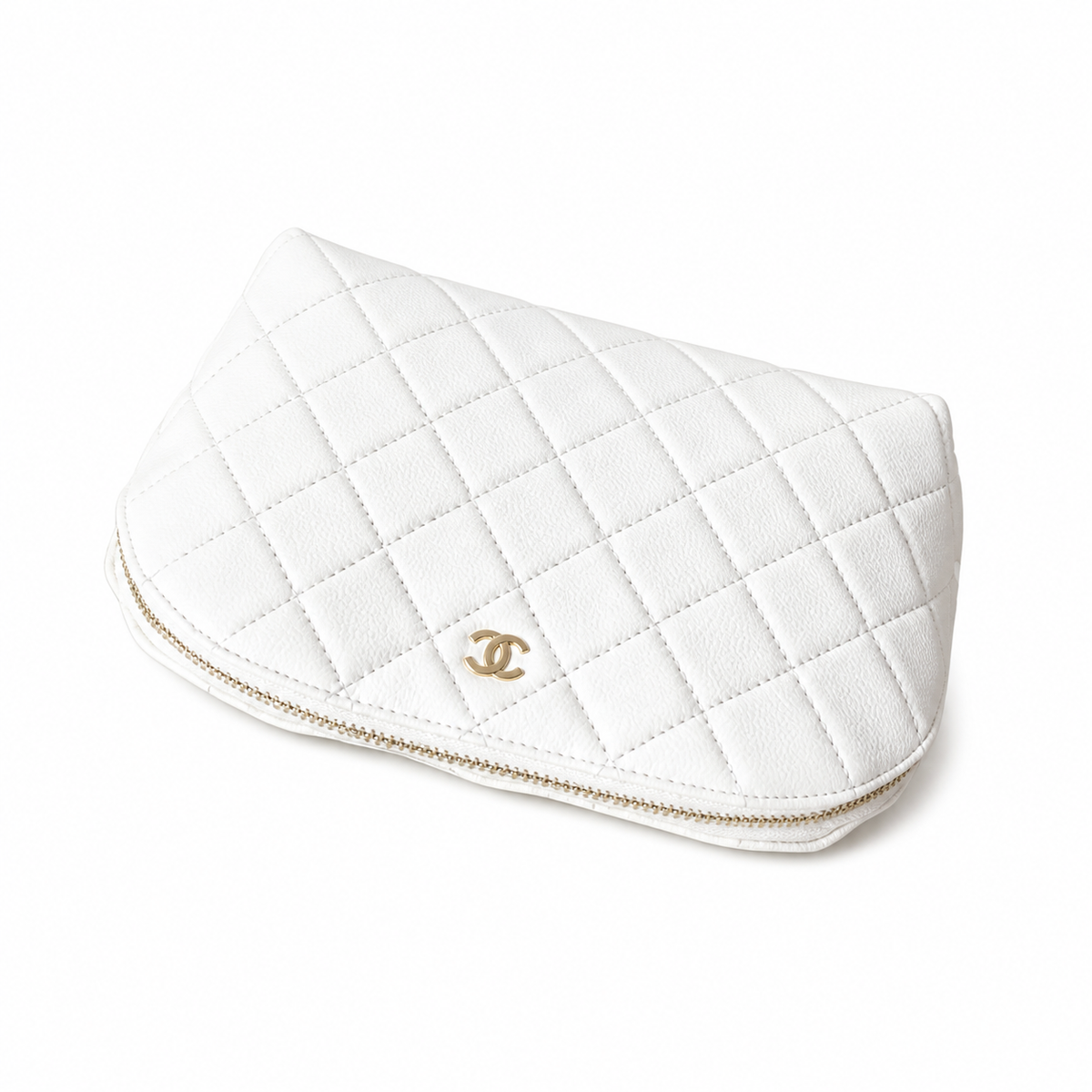 Chanel White Quilted Caviar Clamshell Cosmetic Pouch Beauty Case Gold CC Logo Gold Zipper 19cm