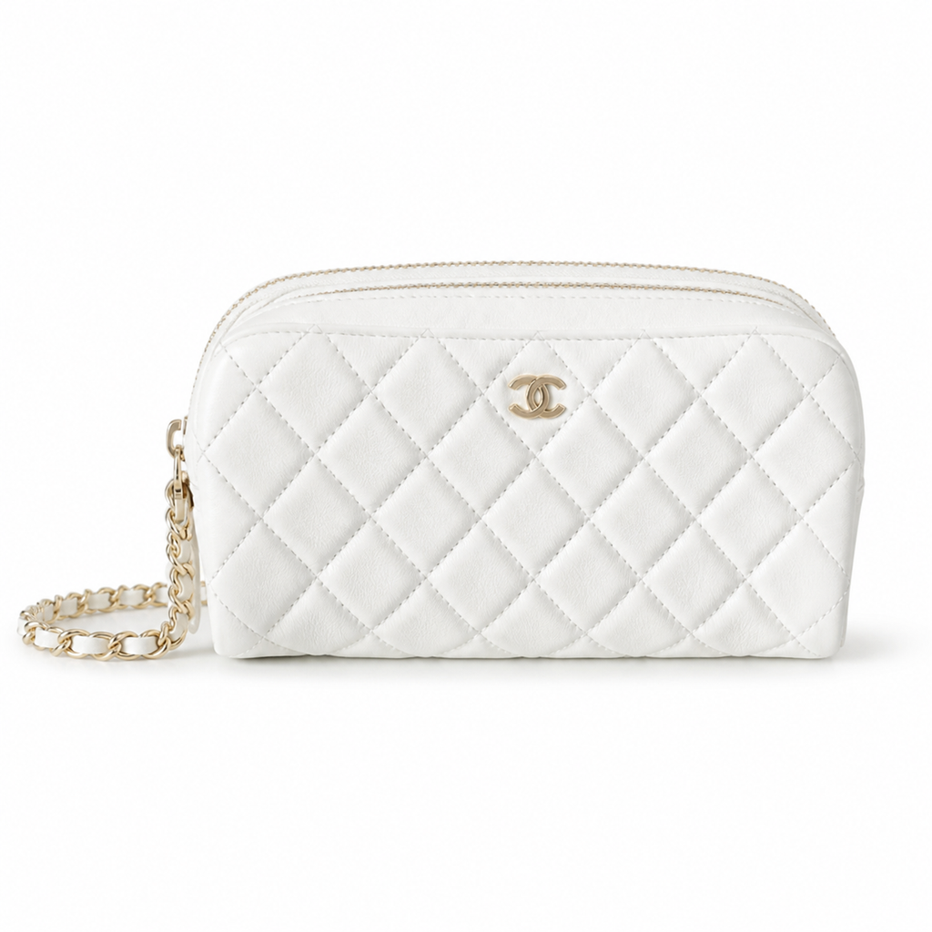 Chanel White Caviar Quilted Round Cylinder Clutch Tube Bag Gold CC Logo Silver Chain Strap 18cm