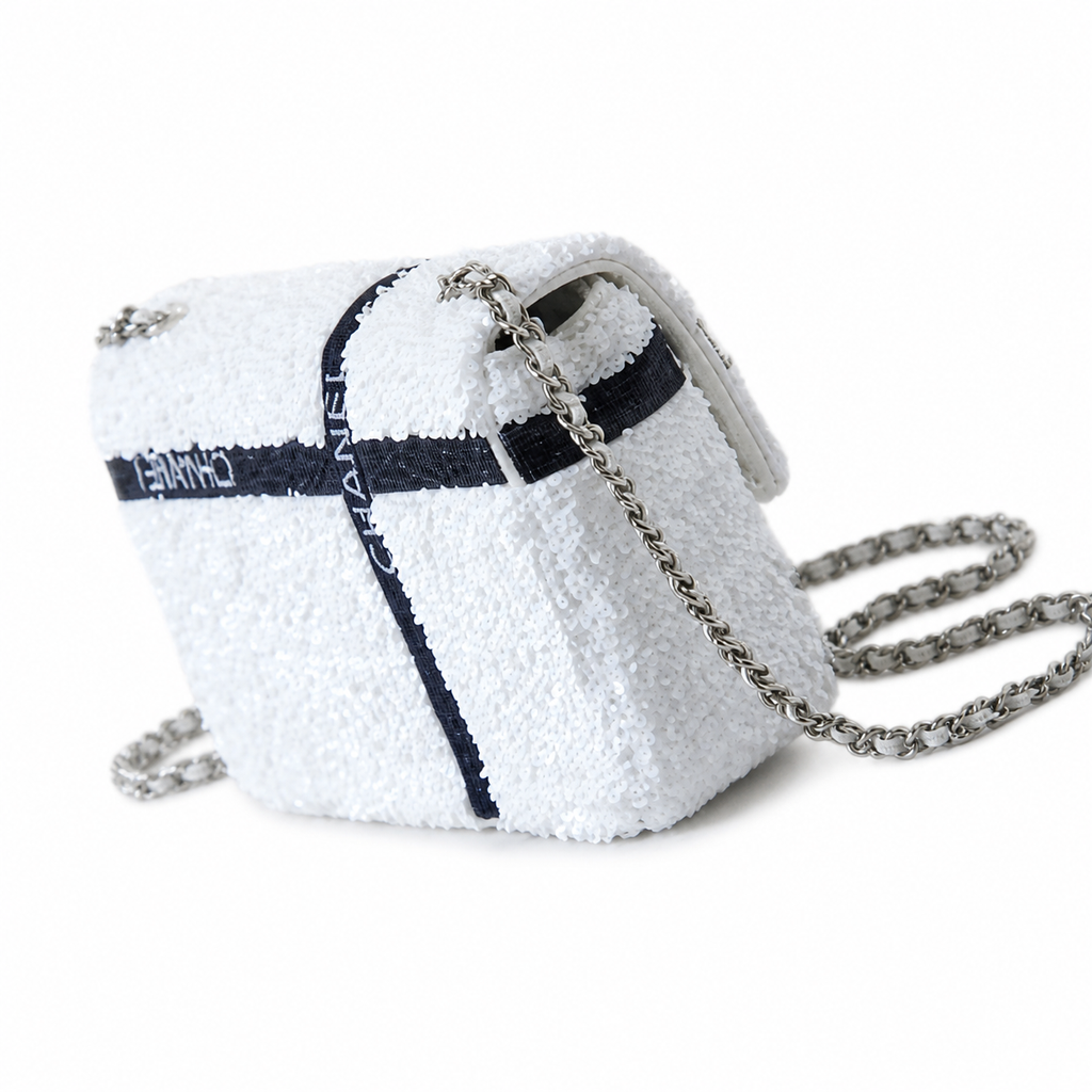 Chanel White Sequin Black Bow Embroidered Flap Bag Silver Chain