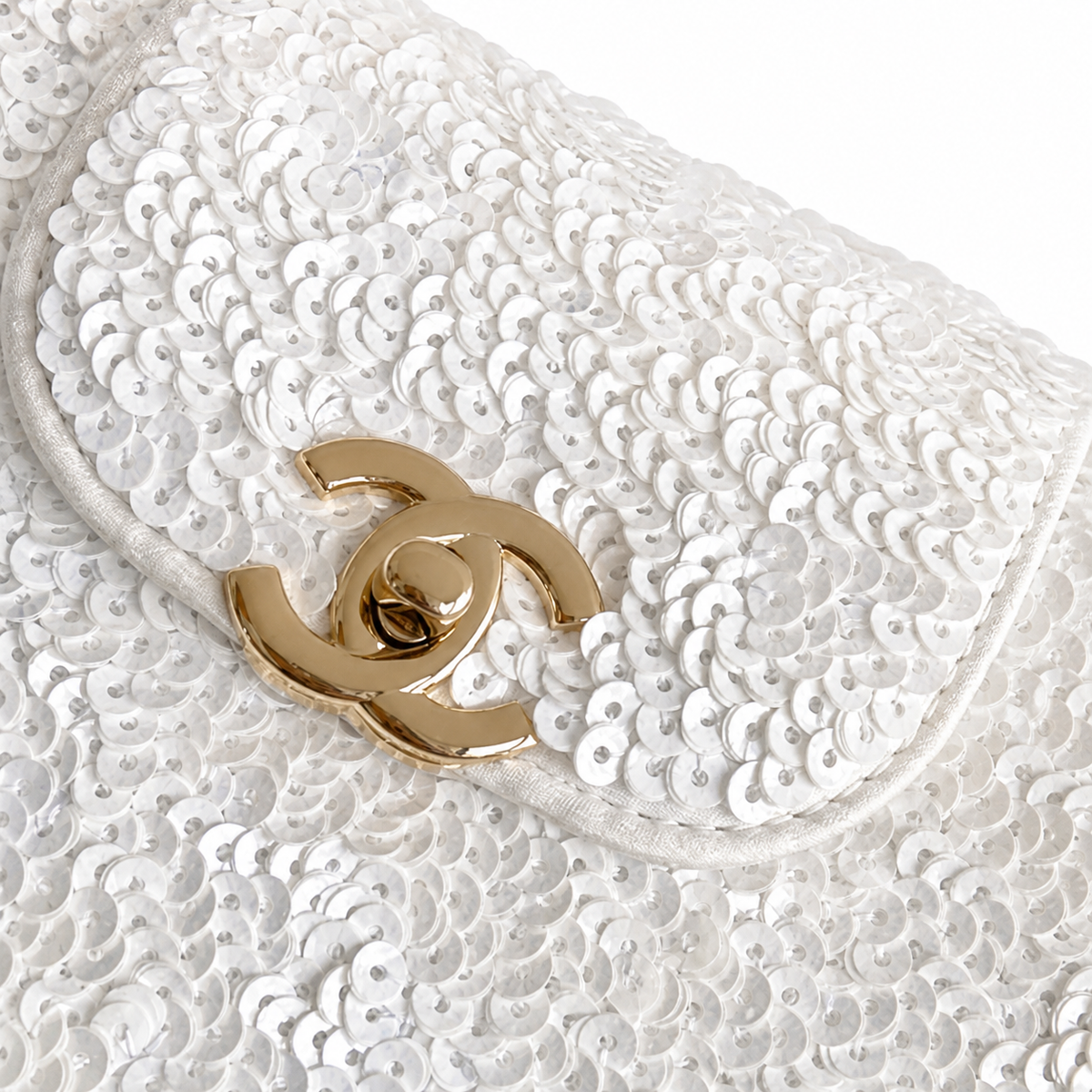 Chanel White Pearl Sequin Kelly Top Handle Bag Silver CC Chain Bridal Evening