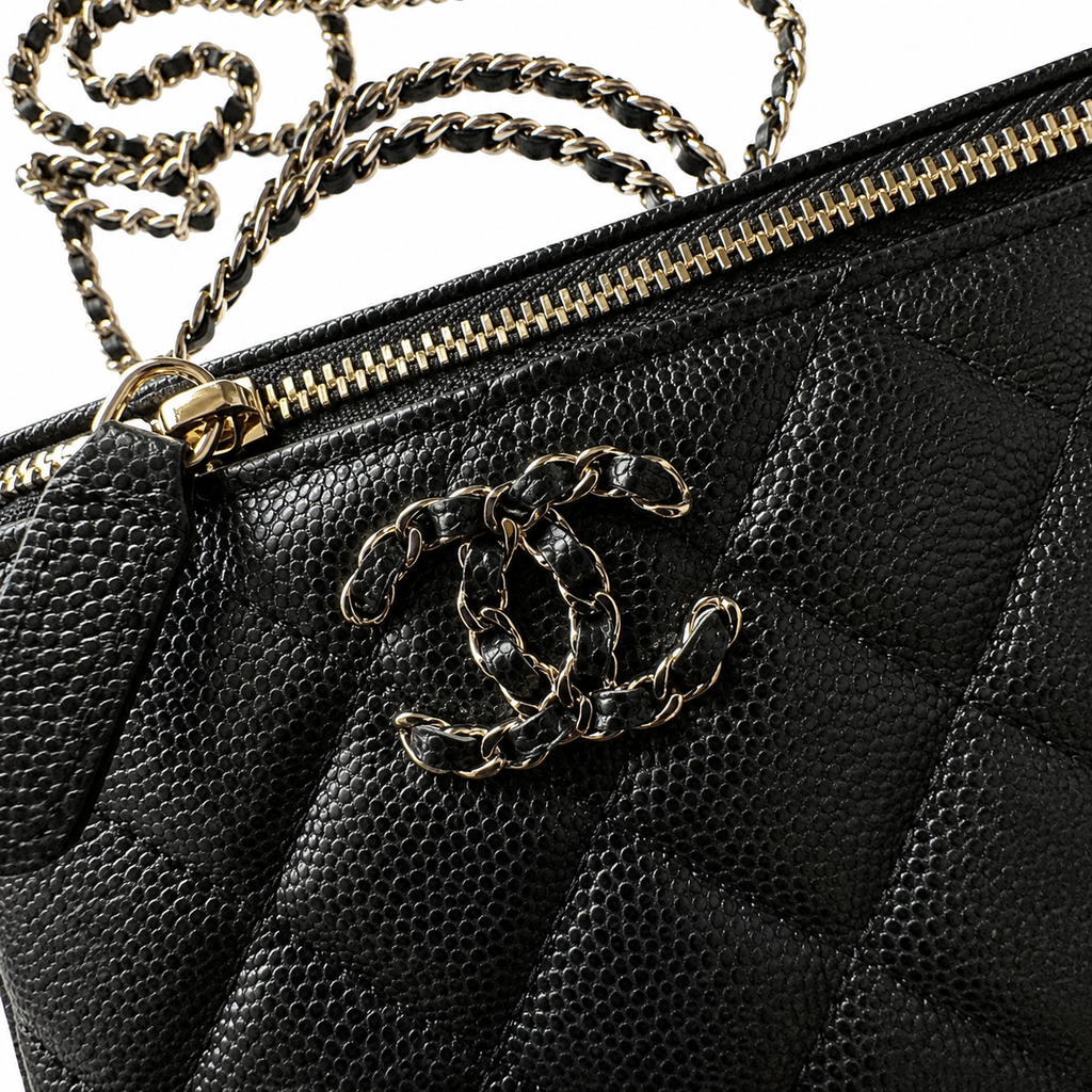 Chanel Black Diagonal Quilted Caviar Vanity Box Bag | Chain Top Handle & Silver Chain
