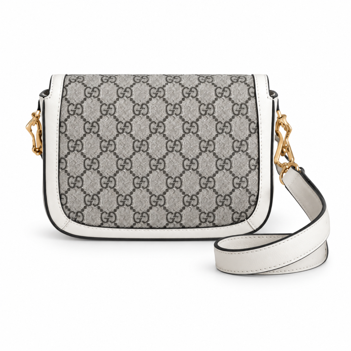 Gucci Horsebit 1955 Mini Bag in GG Supreme Canvas with White Leather Trim
