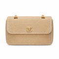 Chanel Natural Beige Raffia Woven Classic Flap Shoulder Bag | Gold CC Turn-Lock | Chain Strap | 16×25.5×7cm