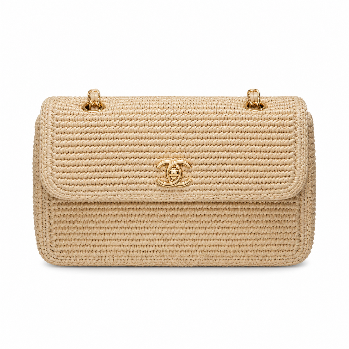 Chanel Natural Beige Raffia Woven Classic Flap Shoulder Bag | Gold CC Turn-Lock | Chain Strap | 16×25.5×7cm