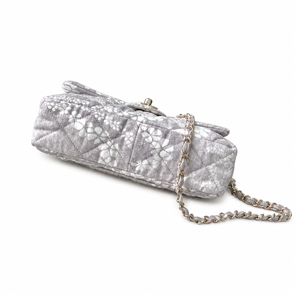 Chanel Grey & White Floral Lurex Twill Jacquard Small Classic Flap Bag | Champagne Gold CC Turn-Lock & Grey-White Leather Chain