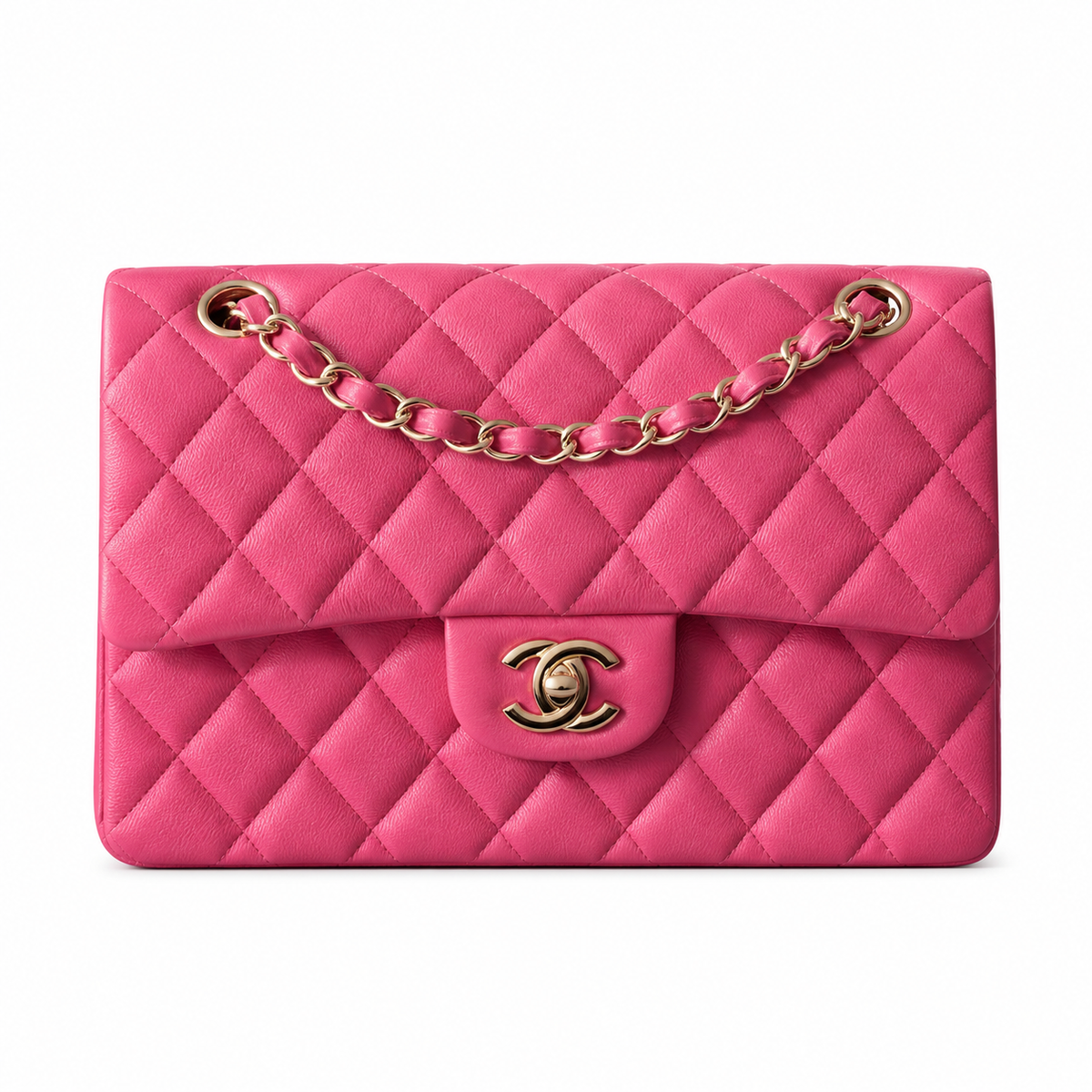 Chanel Classic Flap Bag Small Hot Pink Fuchsia Quilted Lambskin Gold CC Lock Double Chain 23cm