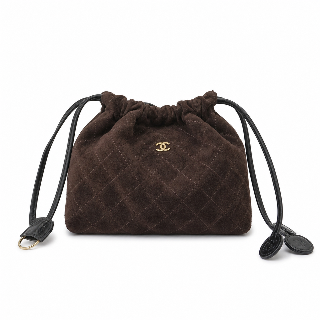 CHANEL Dark Brown Quilted Suede Drawstring Bucket Bag Gold CC
