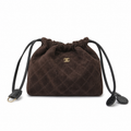 CHANEL Dark Brown Quilted Suede Drawstring Bucket Bag Gold CC
