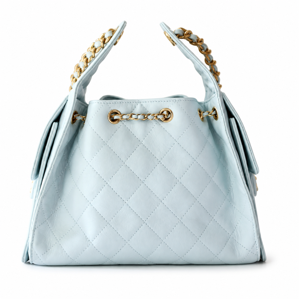 Chanel Quilted Leather Drawstring Backpack Light Blue Gold Hardware