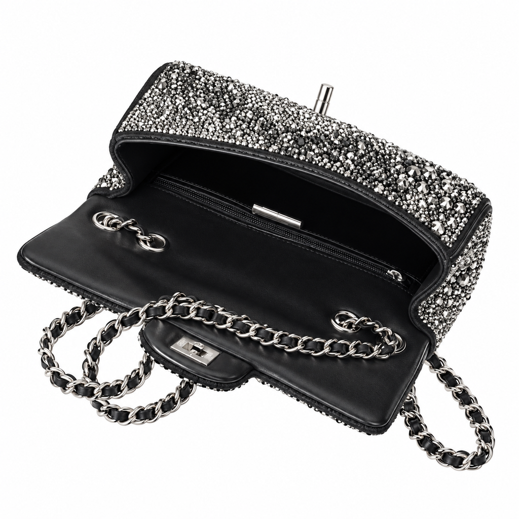 Chanel Black & Silver Crystal Leopard Print Rhinestone Mini Flap Evening Bag | Silver CC | Chain | 20cm