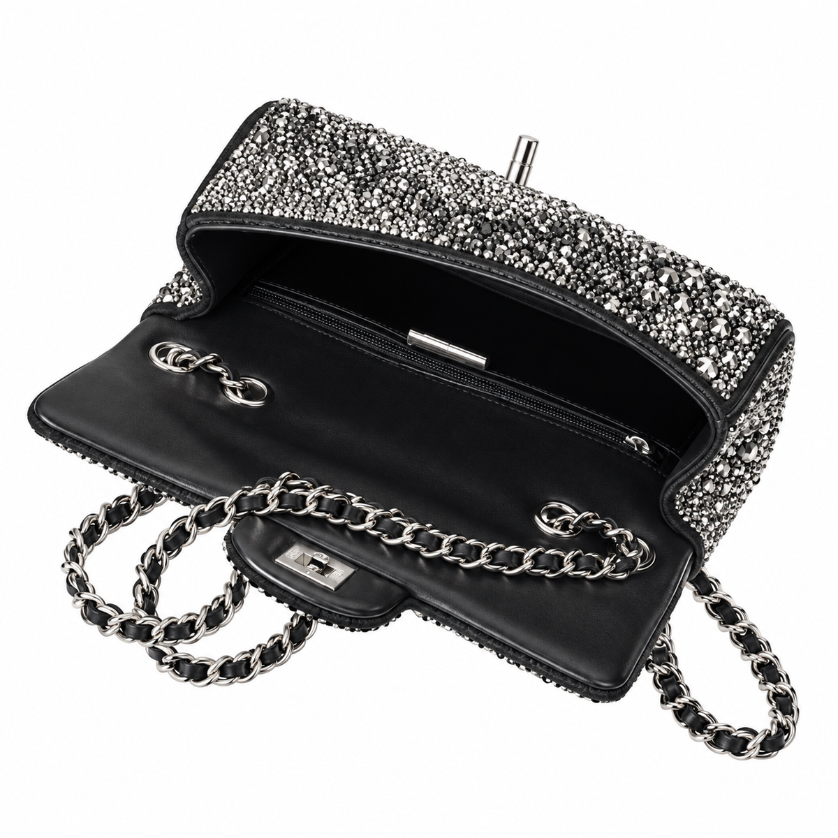 Chanel Black & Silver Crystal Leopard Print Rhinestone Mini Flap Evening Bag | Silver CC | Chain | 20cm