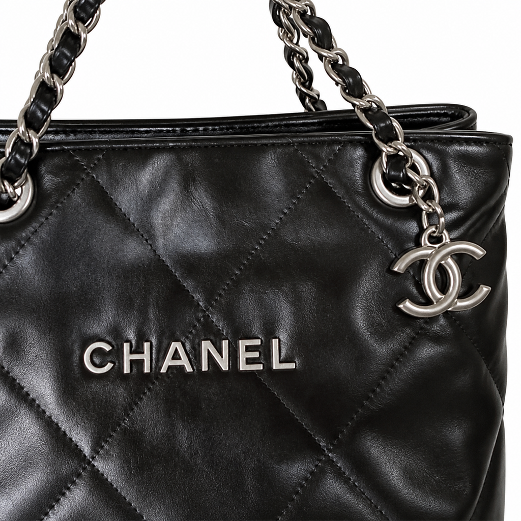 Chanel 22 Large Bag Black Shiny Calfskin Silver Chain CC Medallion 35cm